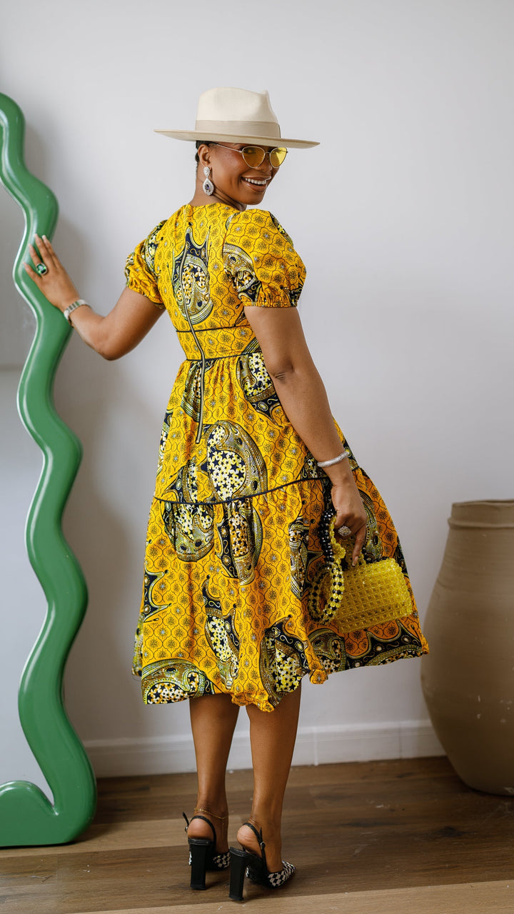 AYO AFRICAN PRINT PUFF-SLEEVE TIERED MIDI DRESS