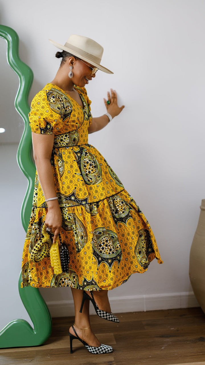 AYO AFRICAN PRINT PUFF-SLEEVE TIERED MIDI DRESS