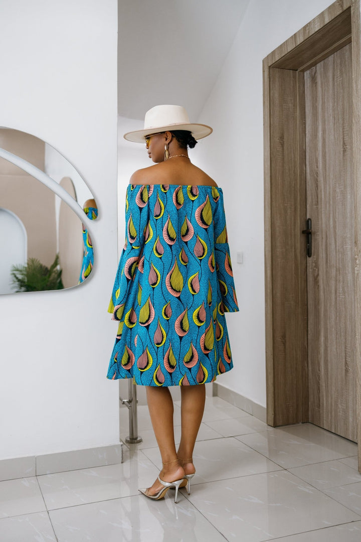 TIYE AFRICAN PRINT OFF SHOULDER DRESS [TEAL] - Especially Yours