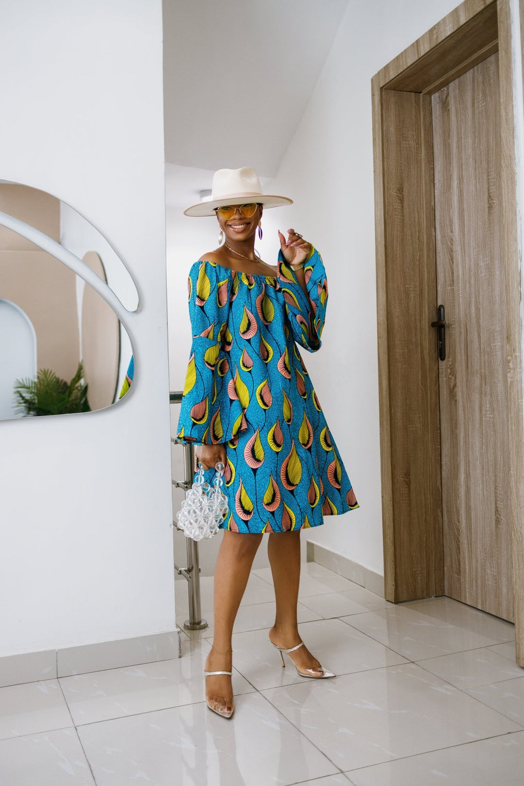 TIYE AFRICAN PRINT OFF SHOULDER DRESS [TEAL] - Especially Yours