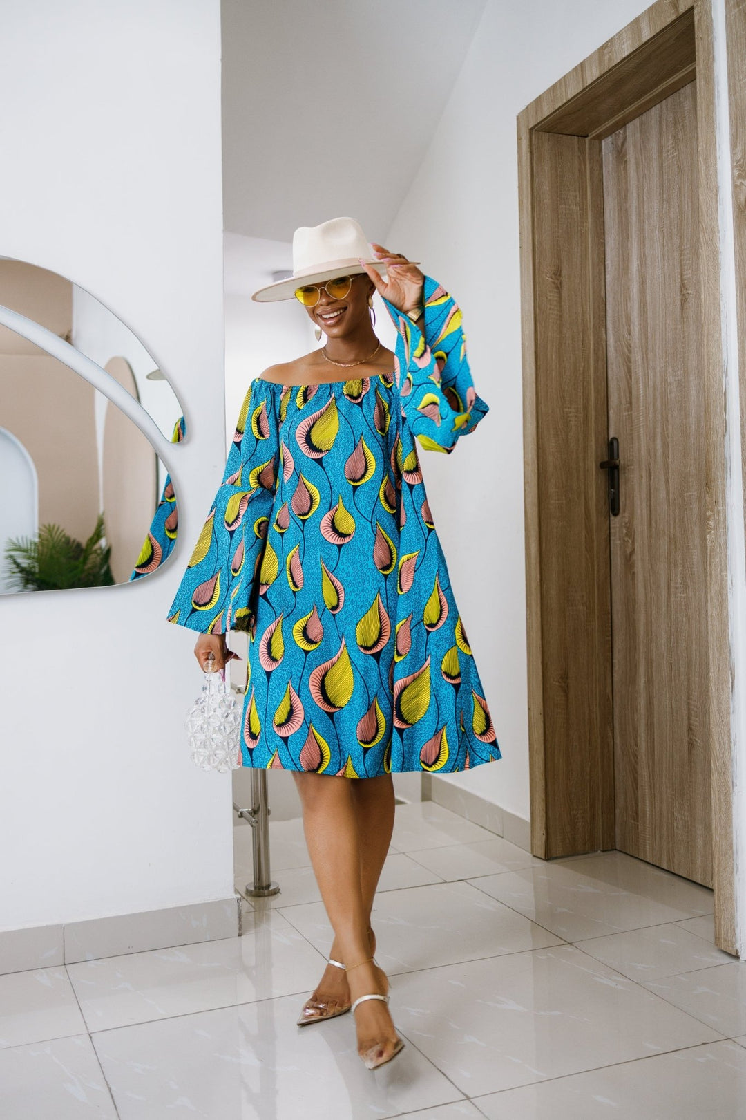 TIYE AFRICAN PRINT OFF SHOULDER DRESS [TEAL] - Especially Yours