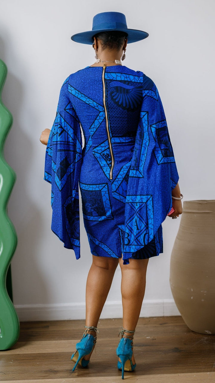 SADE AFRICAN PRINT CAPE SLEEVE MIDI DRESS [BLUE] - Especially Yours
