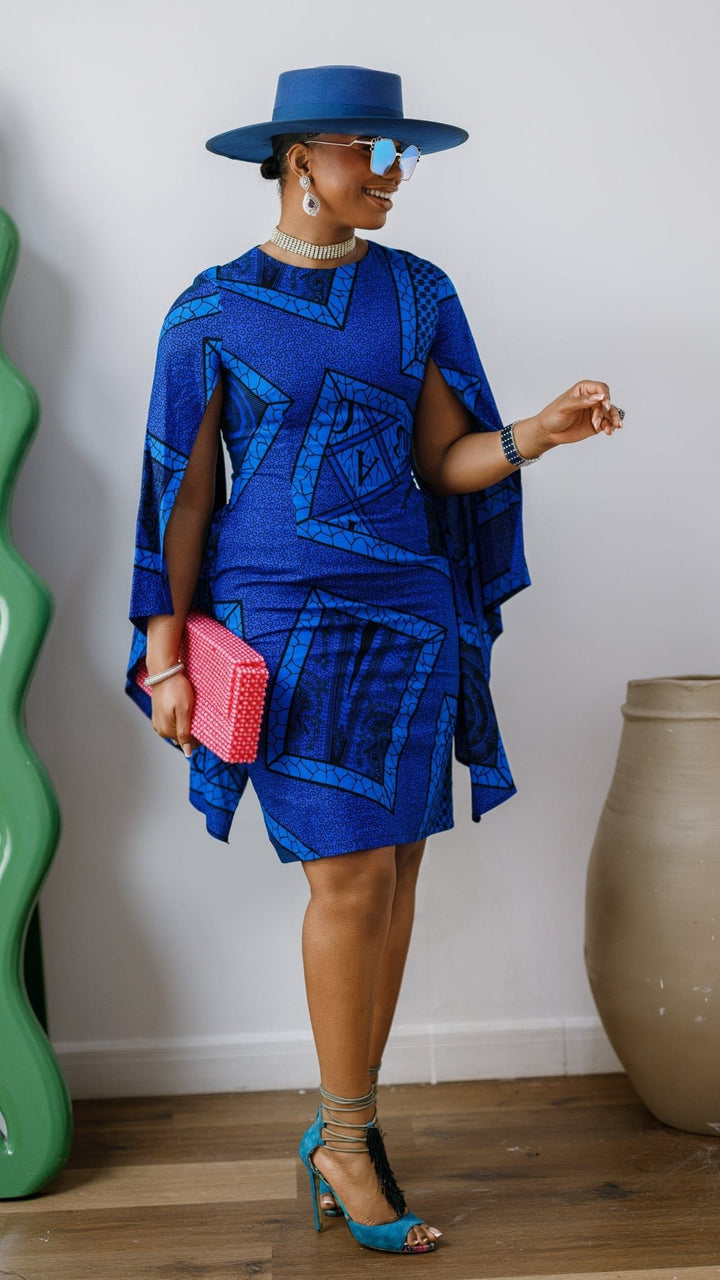 SADE AFRICAN PRINT CAPE SLEEVE MIDI DRESS [BLUE] - Especially Yours
