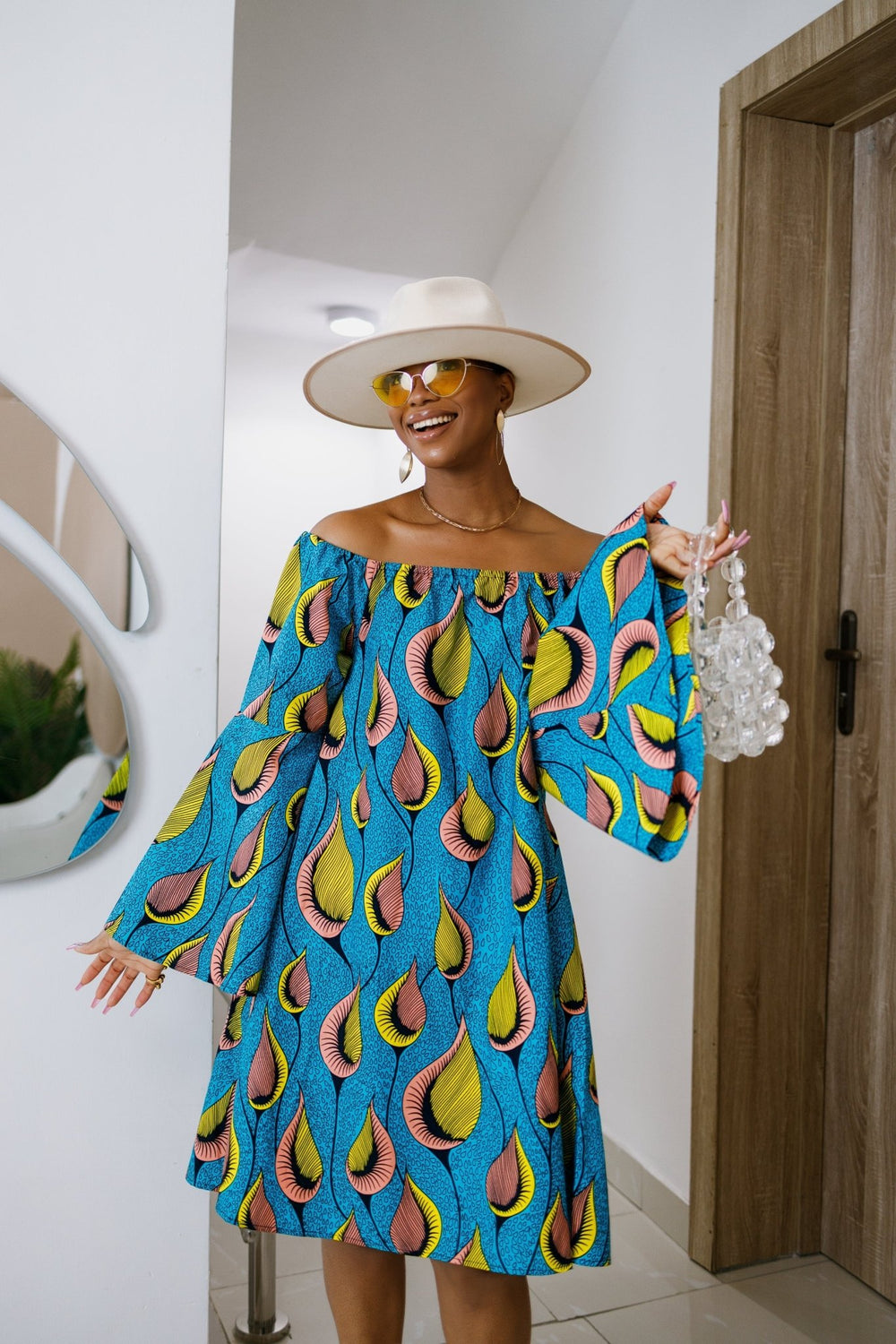 TIYE AFRICAN PRINT OFF SHOULDER DRESS [TEAL] - Especially Yours