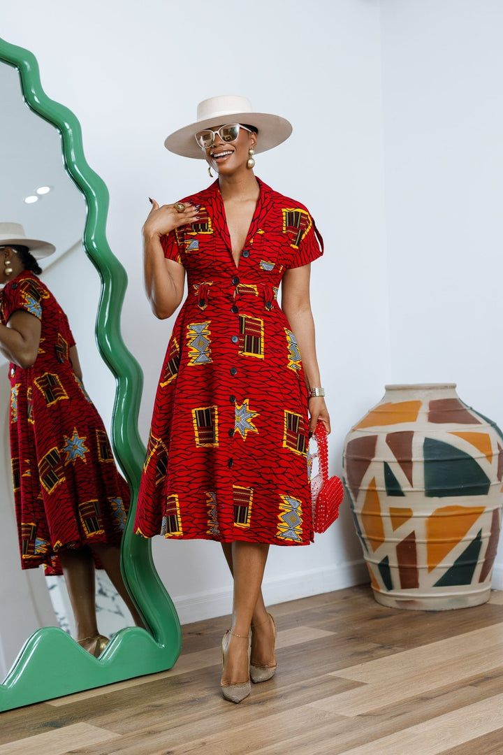 JULIET AFRICAN PRINT MIDI DRESS [RED] - Especially Yours