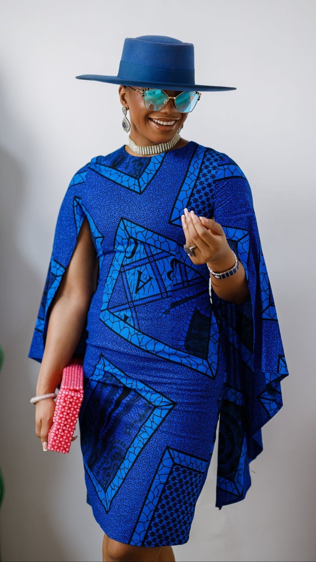 SADE AFRICAN PRINT CAPE SLEEVE MIDI DRESS [BLUE] - Especially Yours
