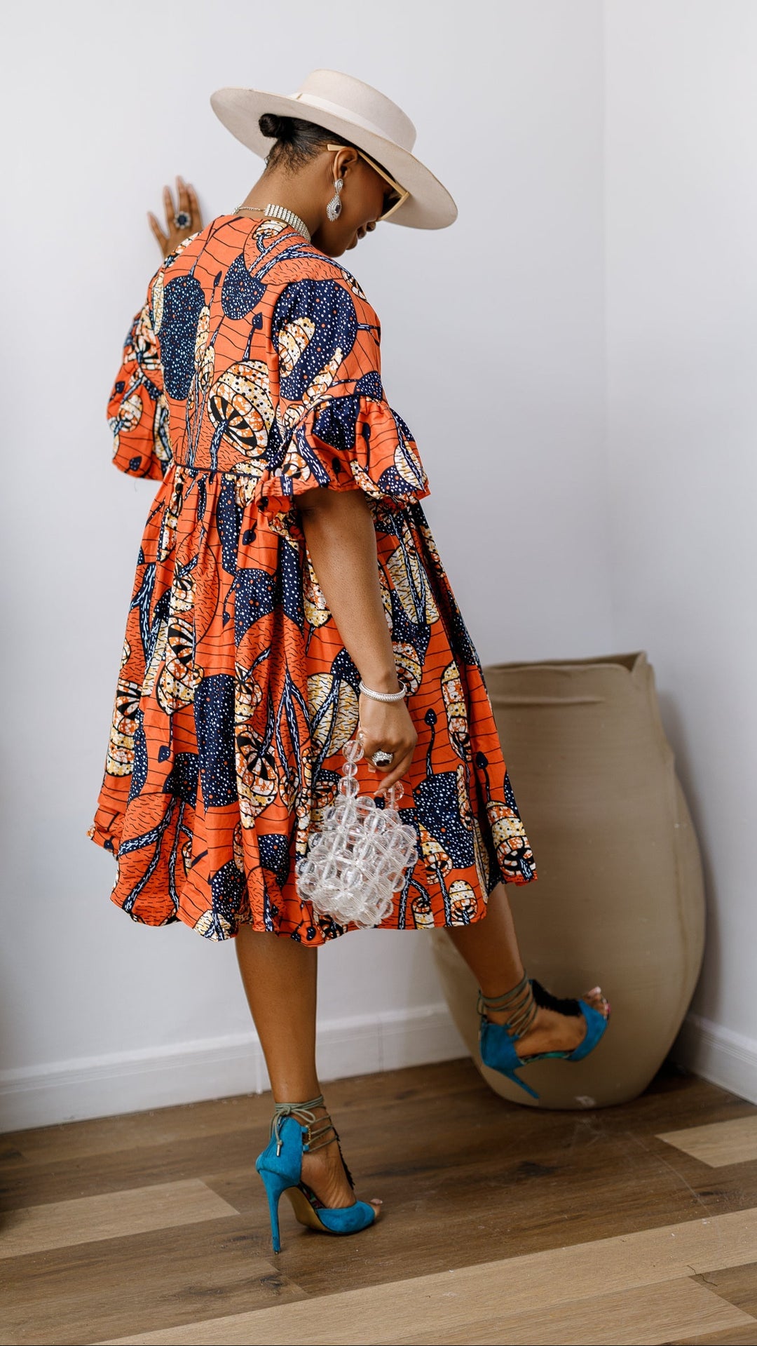 MILA AFRICAN PRINT FLOWY MIDI DRESS [ORANGE]