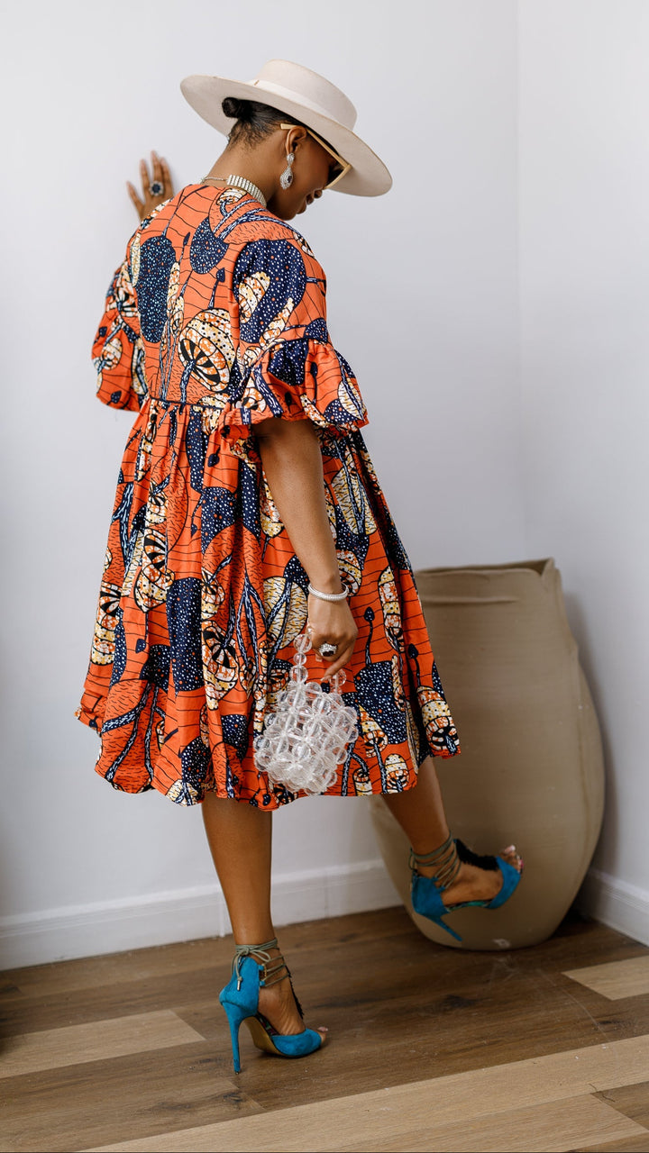 MILA AFRICAN PRINT FLOWY MIDI DRESS [ORANGE]