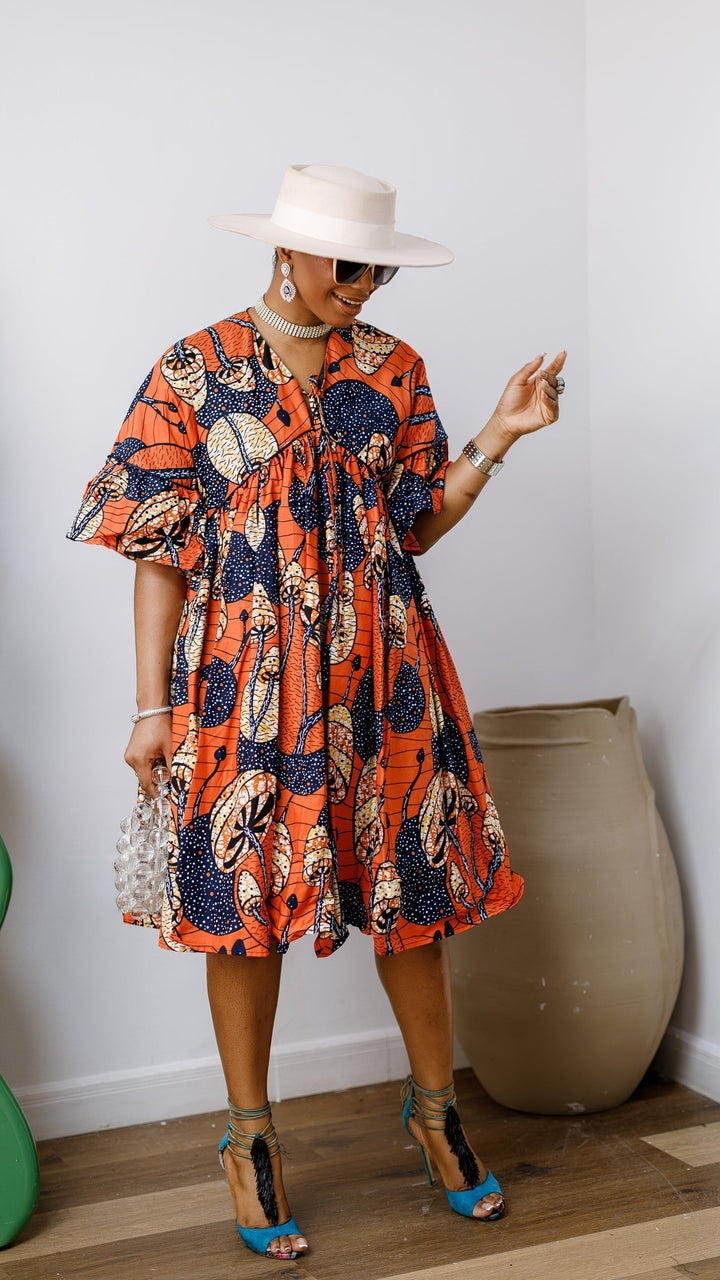 MILA AFRICAN PRINT FLOWY MIDI DRESS [ORANGE]