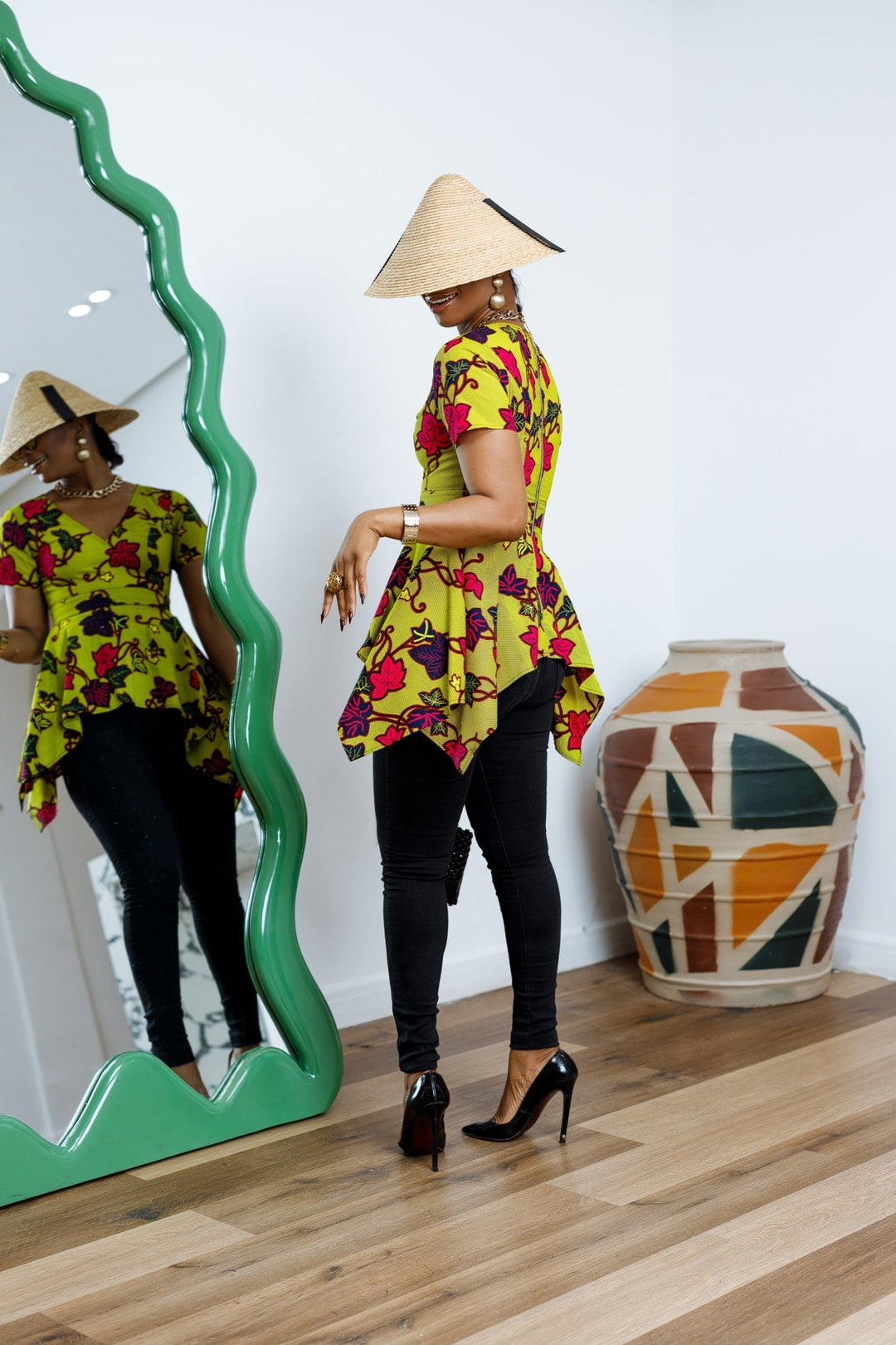 EBUN AFRICAN PRINT ASYMMETRIC PEPLUM TOP [GREEN] - Especially Yours
