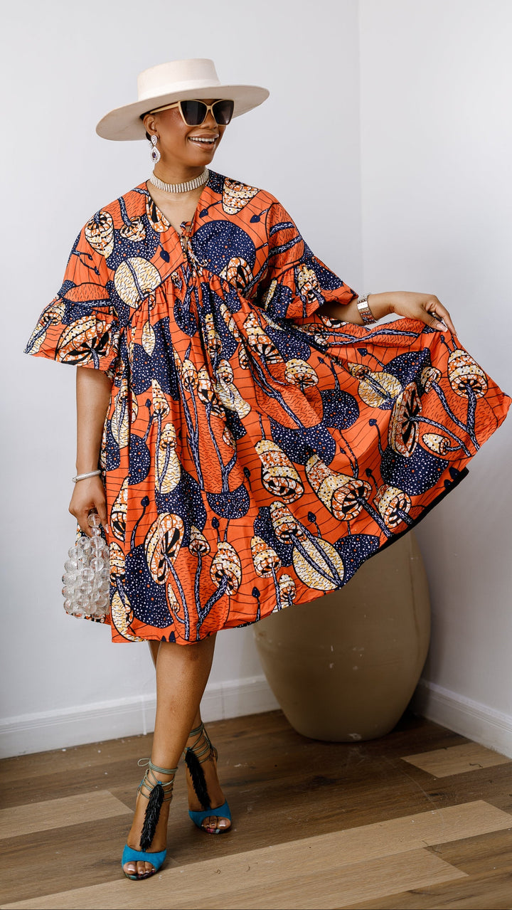 MILA AFRICAN PRINT FLOWY MIDI DRESS [ORANGE]