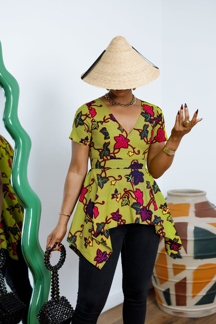 EBUN AFRICAN PRINT ASYMMETRIC PEPLUM TOP [GREEN] - Especially Yours