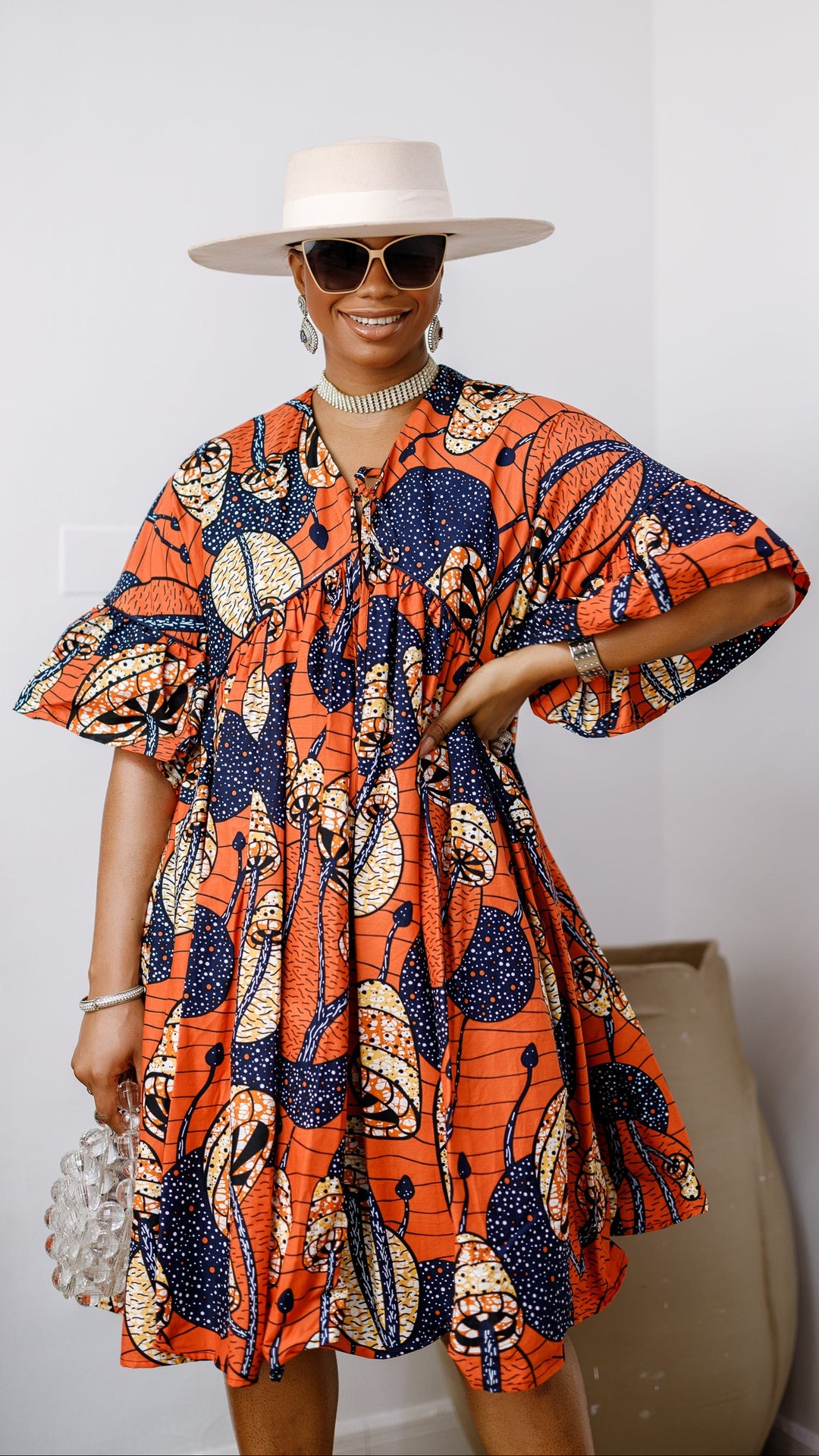 MILA AFRICAN PRINT FLOWY MIDI DRESS [ORANGE]