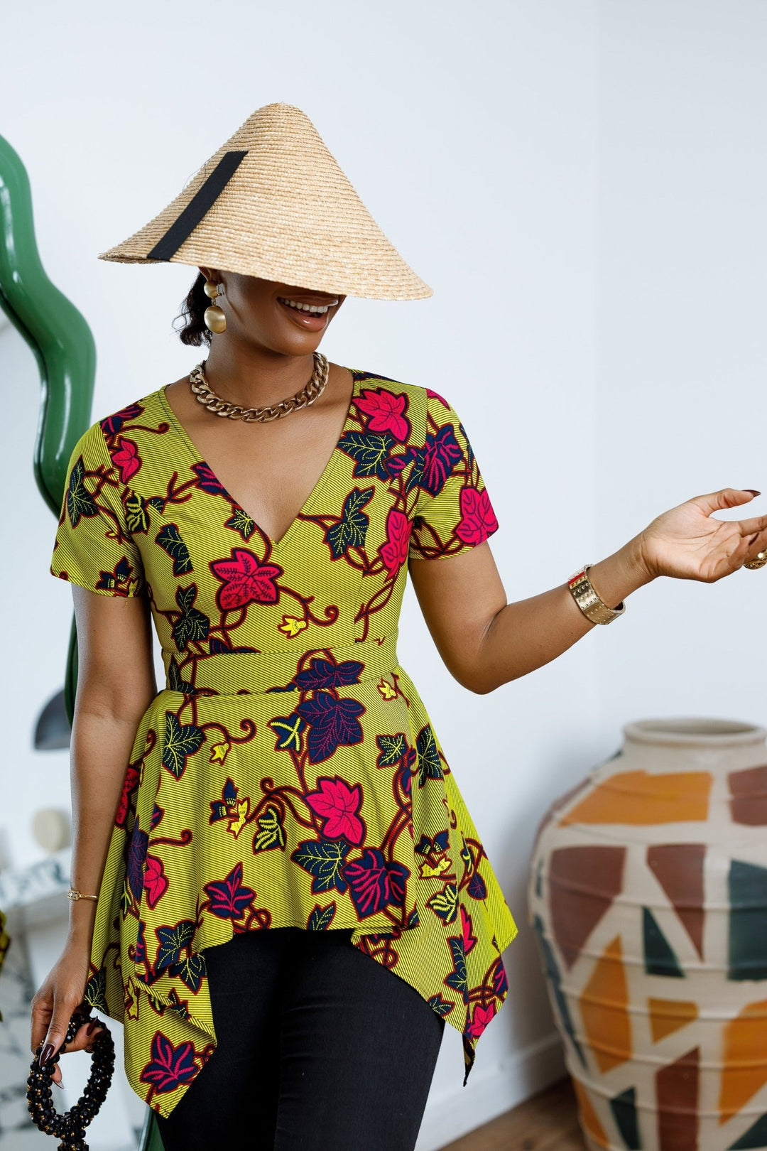 EBUN AFRICAN PRINT ASYMMETRIC PEPLUM TOP [GREEN] - Especially Yours