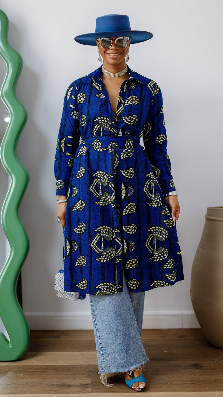 RHODA AFRICAN PRINT LONGLINE SHIRT [BLUE]