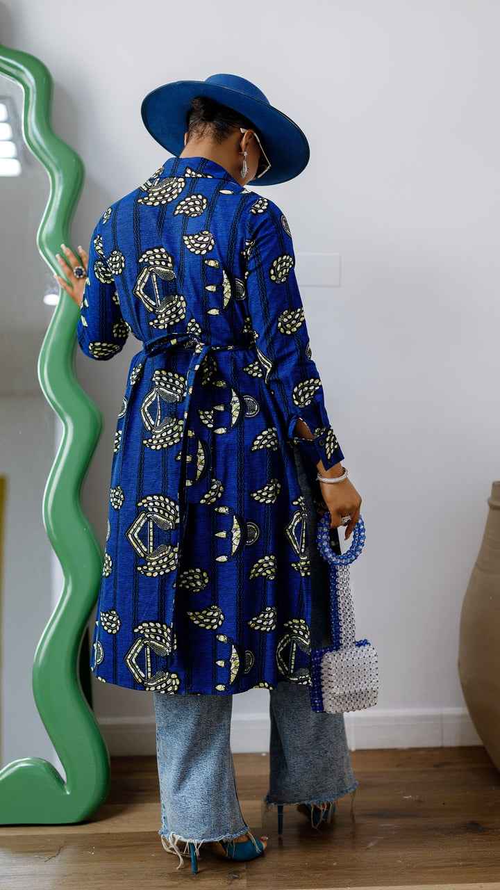 RHODA AFRICAN PRINT LONGLINE SHIRT [BLUE]