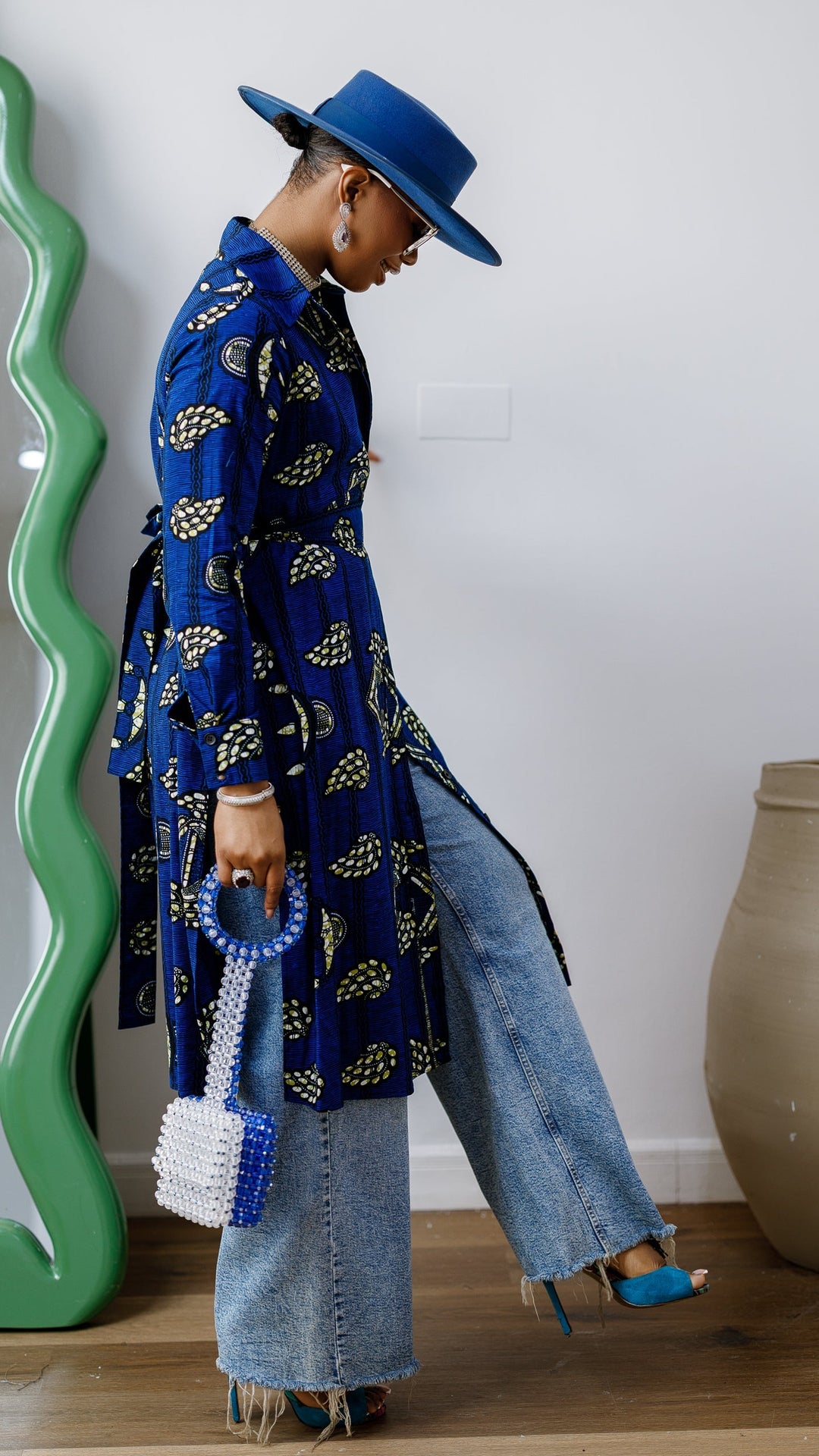 RHODA AFRICAN PRINT LONGLINE SHIRT [BLUE]
