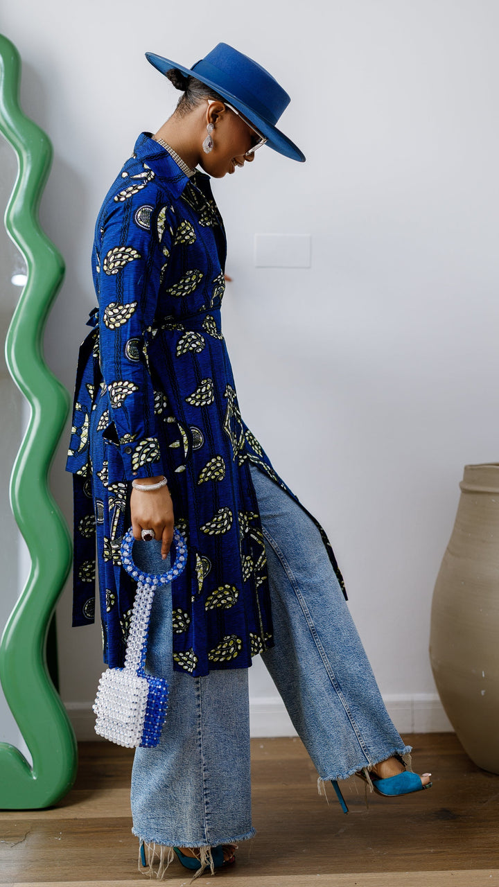 RHODA AFRICAN PRINT LONGLINE SHIRT [BLUE]