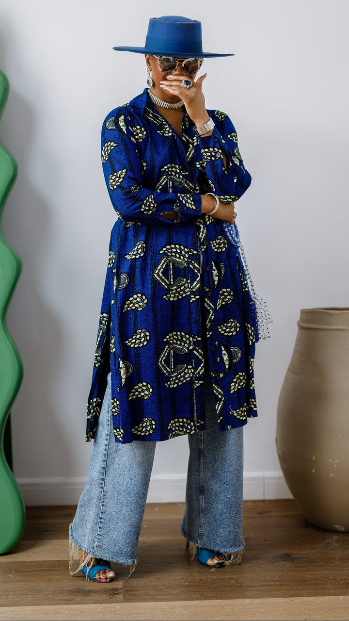 RHODA AFRICAN PRINT LONGLINE SHIRT [BLUE]