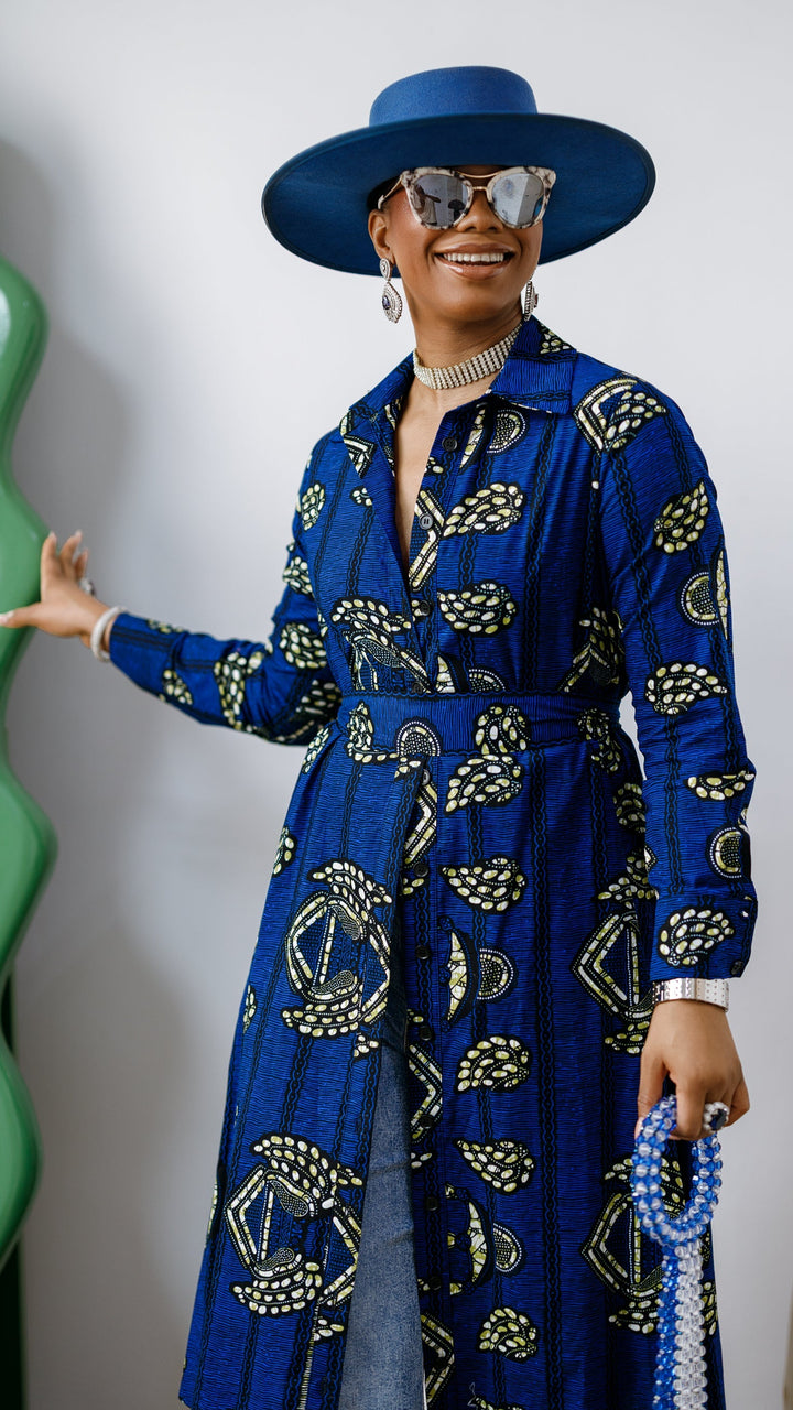 RHODA AFRICAN PRINT LONGLINE SHIRT [BLUE]