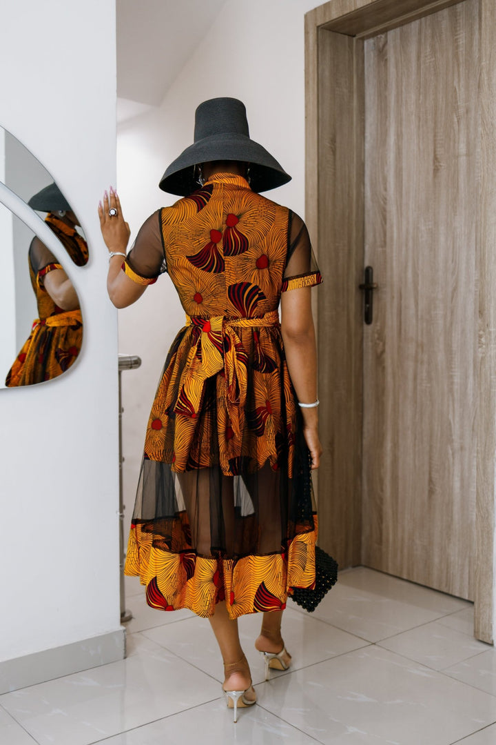 VALENTINA AFRICAN PRINT BUTTON MESH DRESS [ORANGE] - Especially Yours