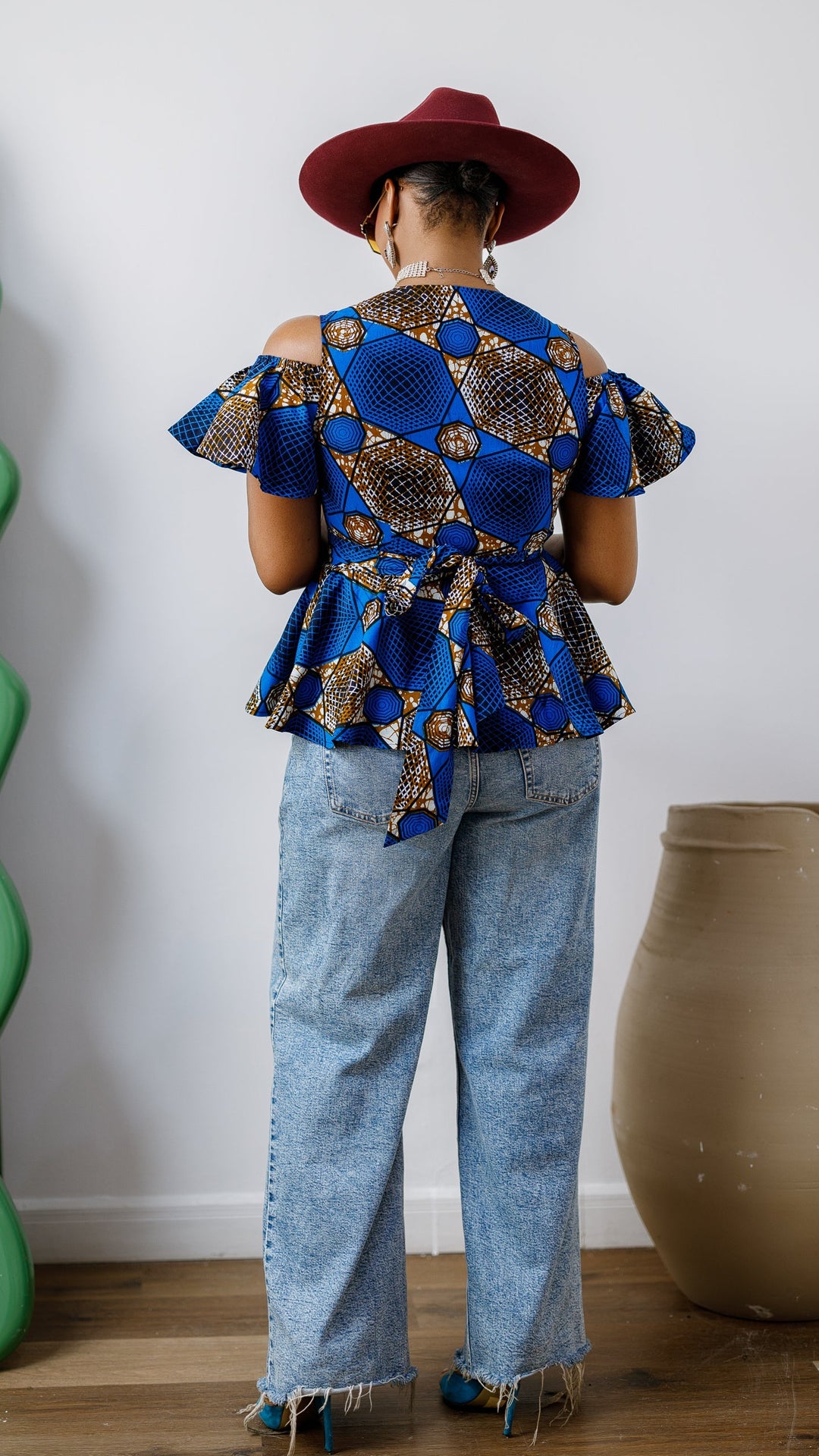 JEMIMA AFRICAN PRINT COLD SHOULDER WRAP TOP [BLUE]