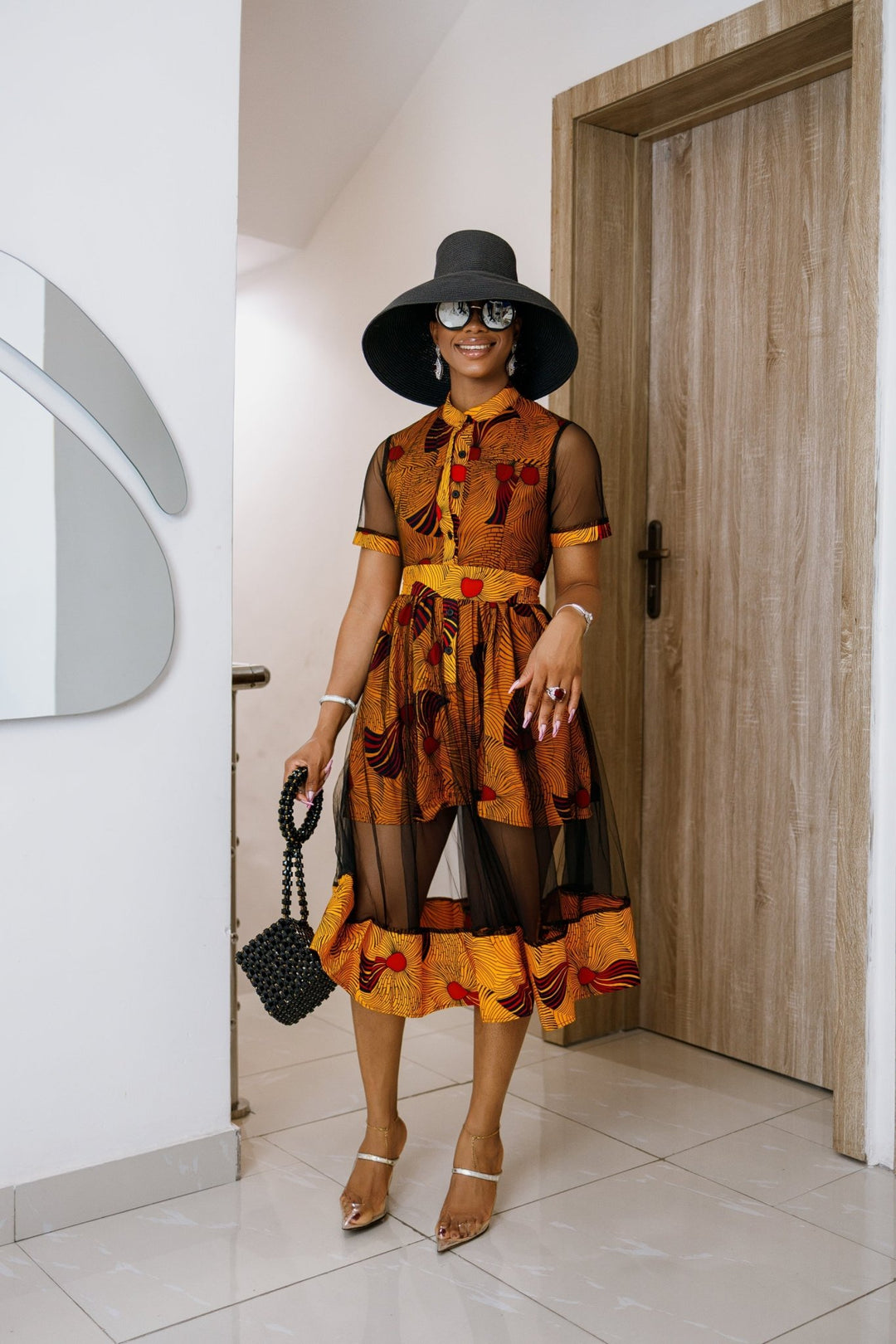 VALENTINA AFRICAN PRINT BUTTON MESH DRESS [ORANGE] - Especially Yours