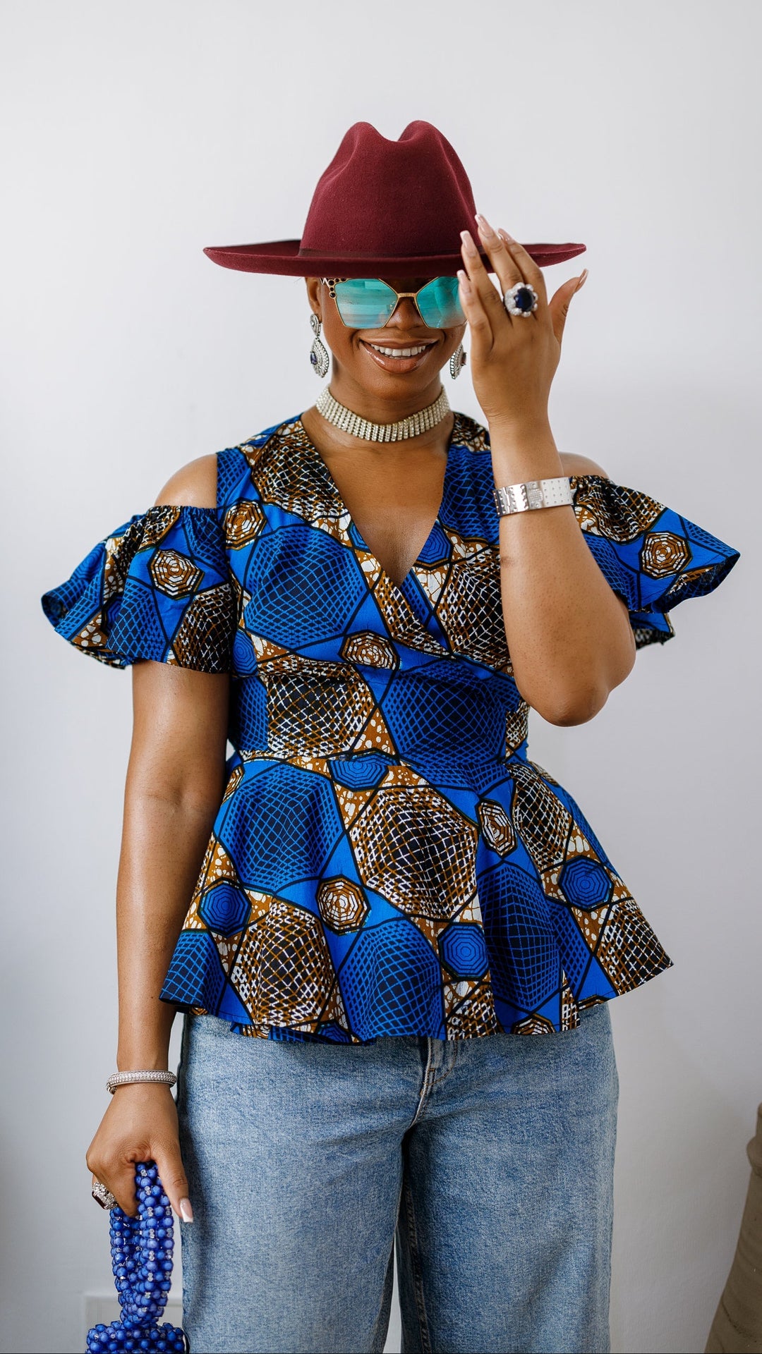 JEMIMA AFRICAN PRINT COLD SHOULDER WRAP TOP [BLUE]