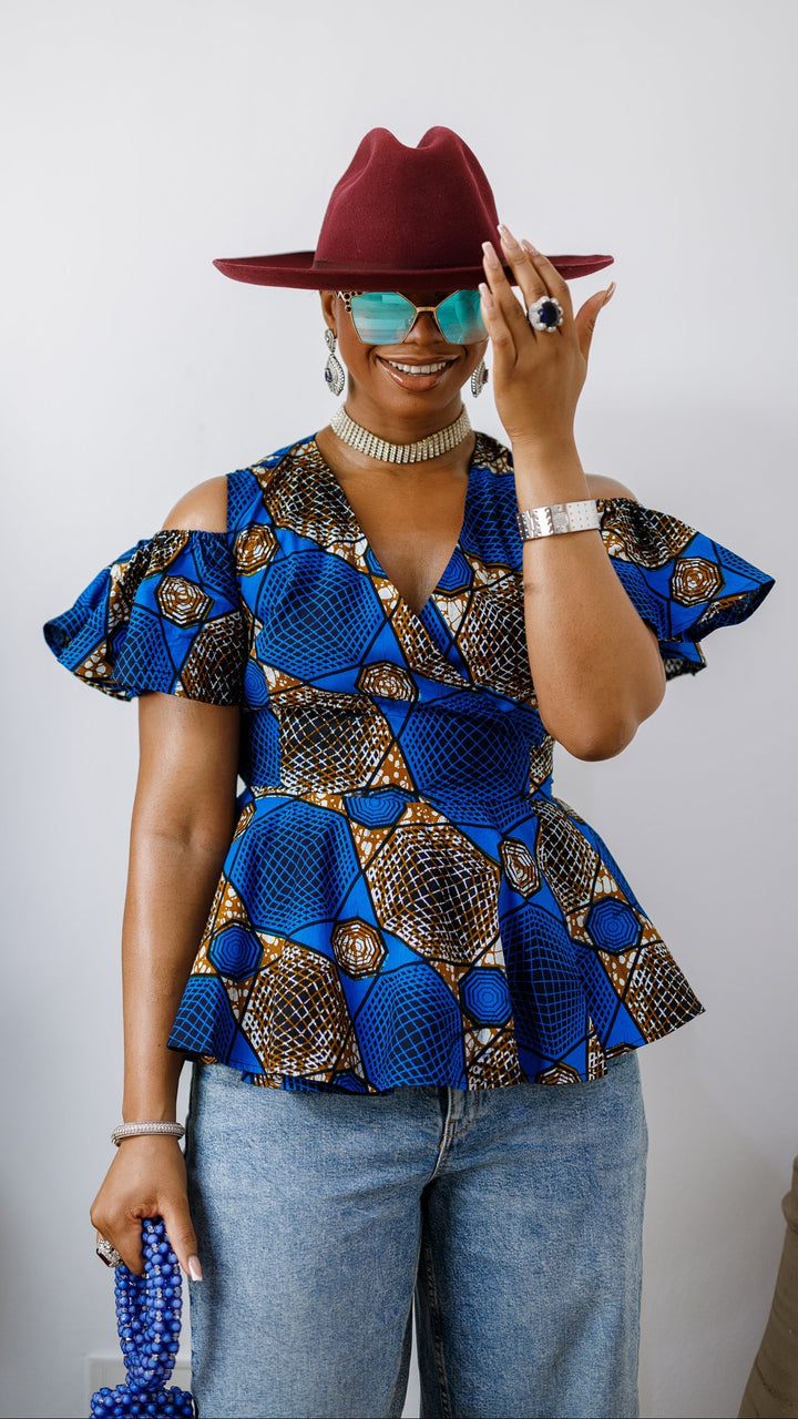 JEMIMA AFRICAN PRINT COLD SHOULDER WRAP TOP [BLUE]