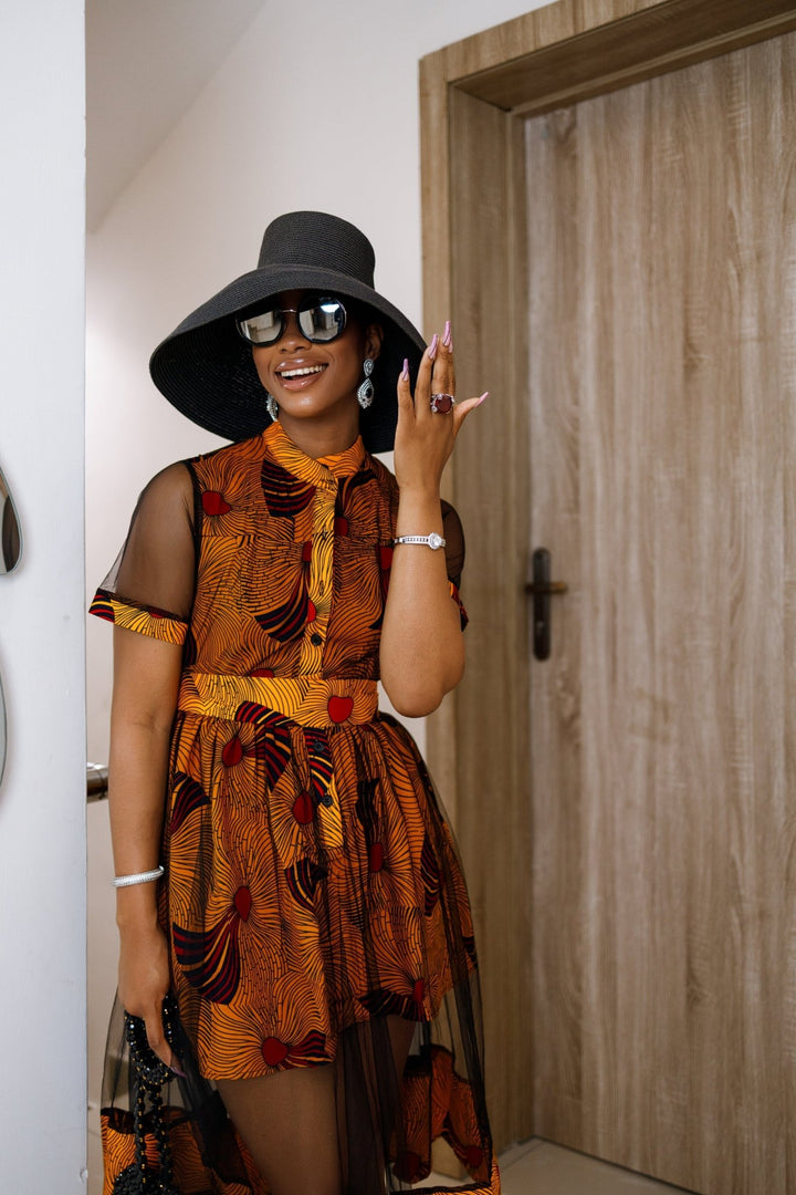 VALENTINA AFRICAN PRINT BUTTON MESH DRESS [ORANGE] - Especially Yours