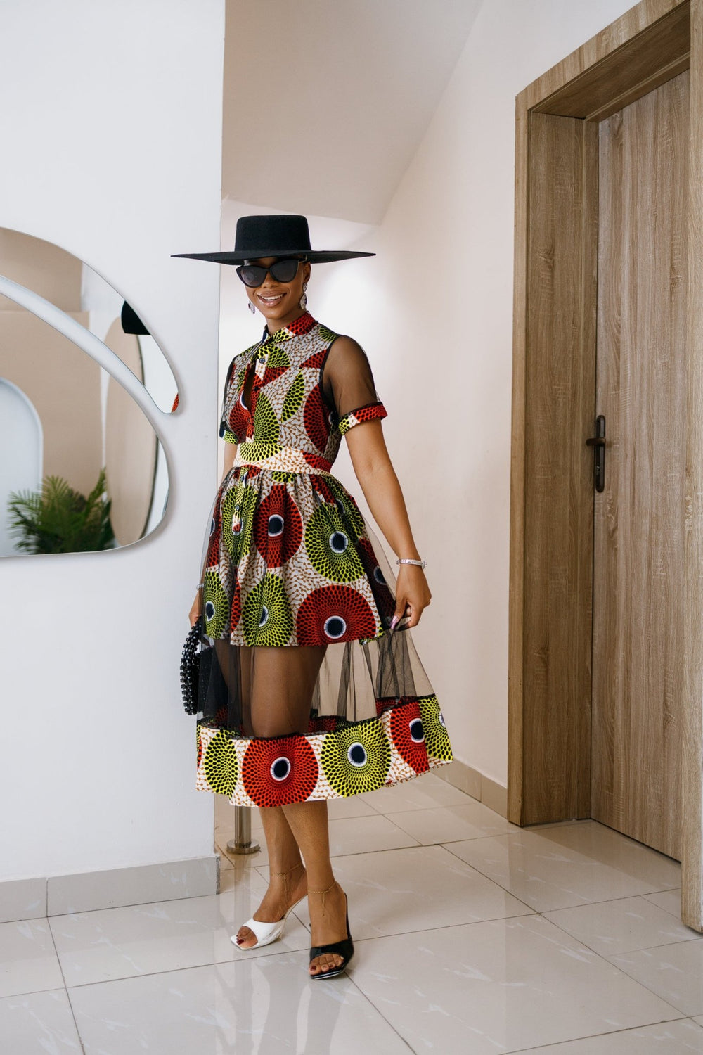 VALENTINA AFRICAN PRINT BUTTON MESH DRESS [MULTICOLOR] - Especially Yours