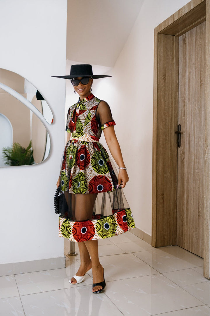 VALENTINA AFRICAN PRINT BUTTON MESH DRESS [MULTICOLOR] - Especially Yours