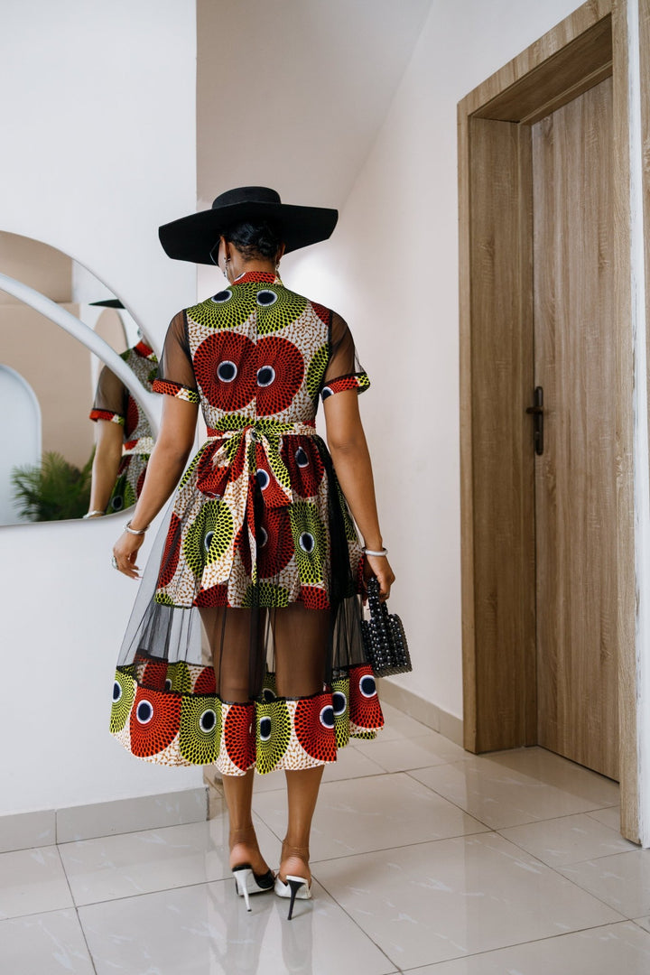 VALENTINA AFRICAN PRINT BUTTON MESH DRESS [MULTICOLOR] - Especially Yours