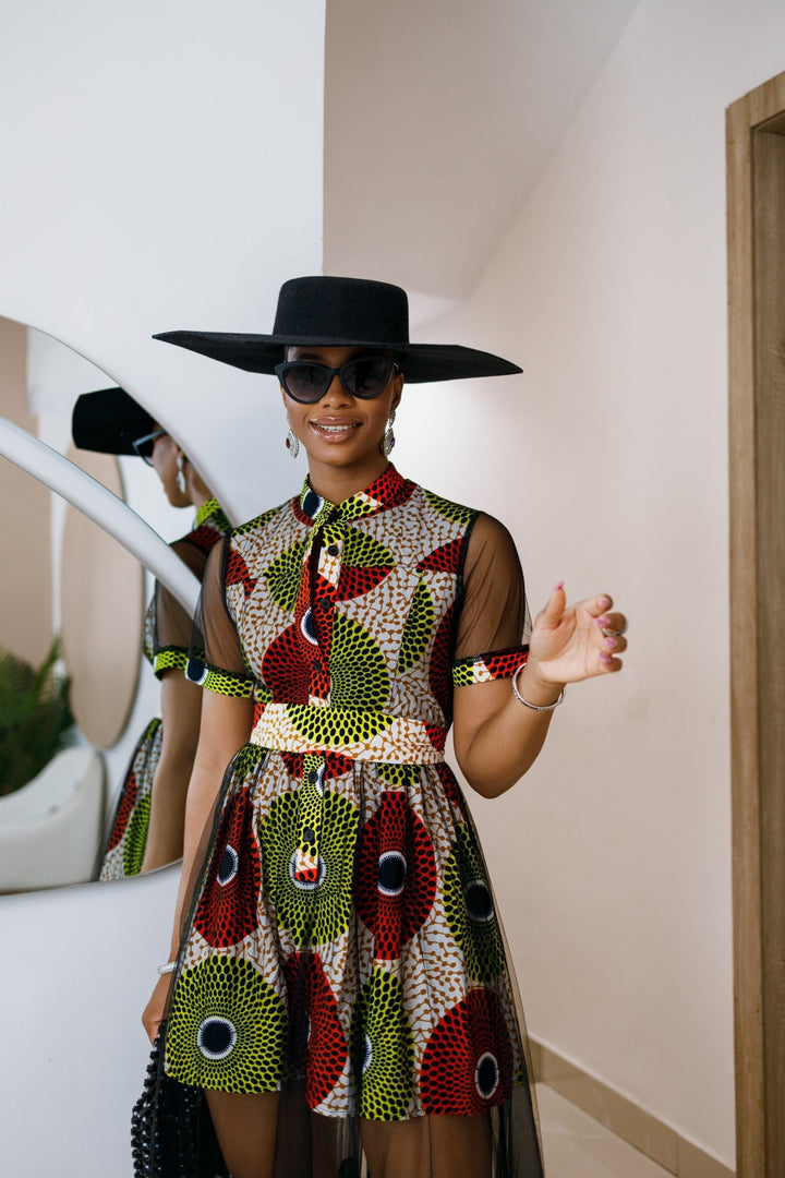 VALENTINA AFRICAN PRINT BUTTON MESH DRESS [MULTICOLOR] - Especially Yours