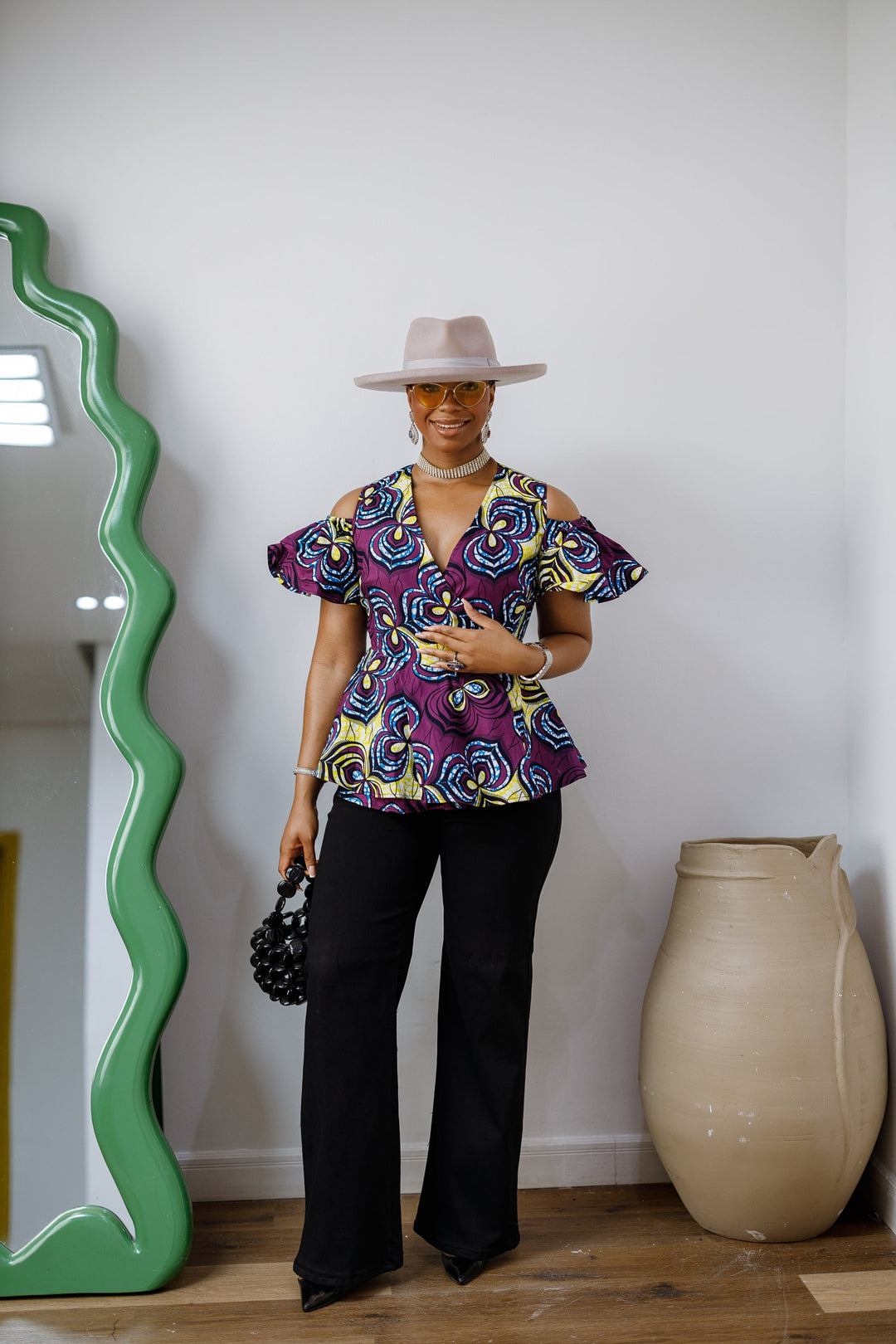 JEMIMA AFRICAN PRINT COLD SHOULDER WRAP TOP [PURPLE]