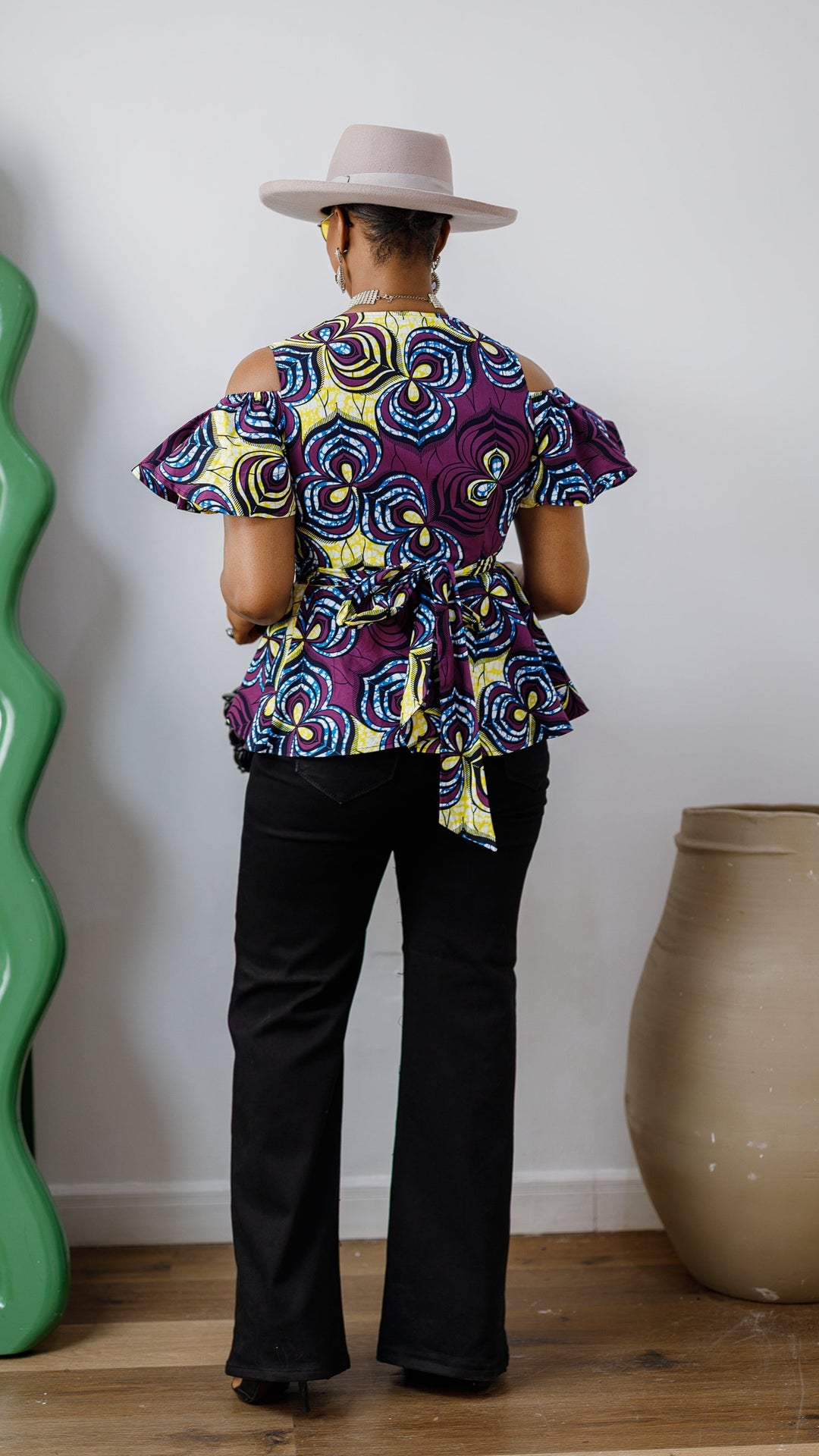 JEMIMA AFRICAN PRINT COLD SHOULDER WRAP TOP [PURPLE]