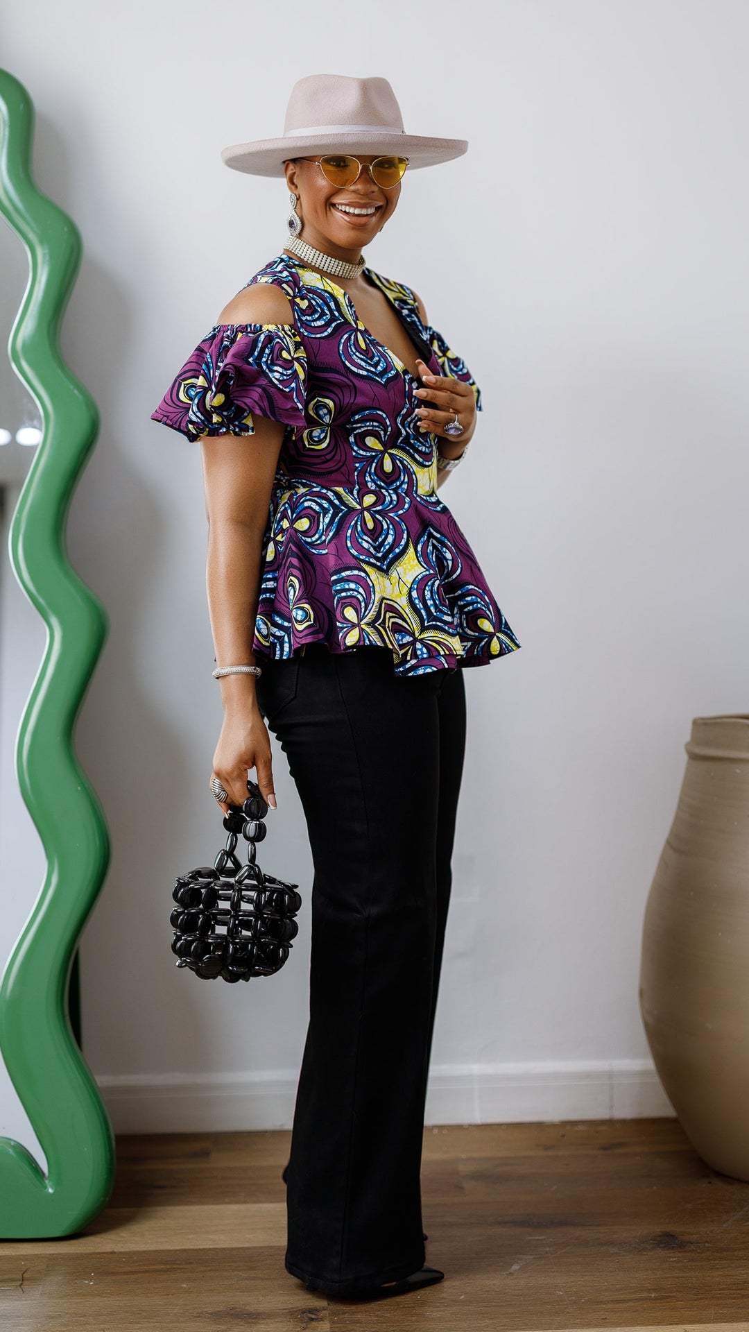 JEMIMA AFRICAN PRINT COLD SHOULDER WRAP TOP [PURPLE]