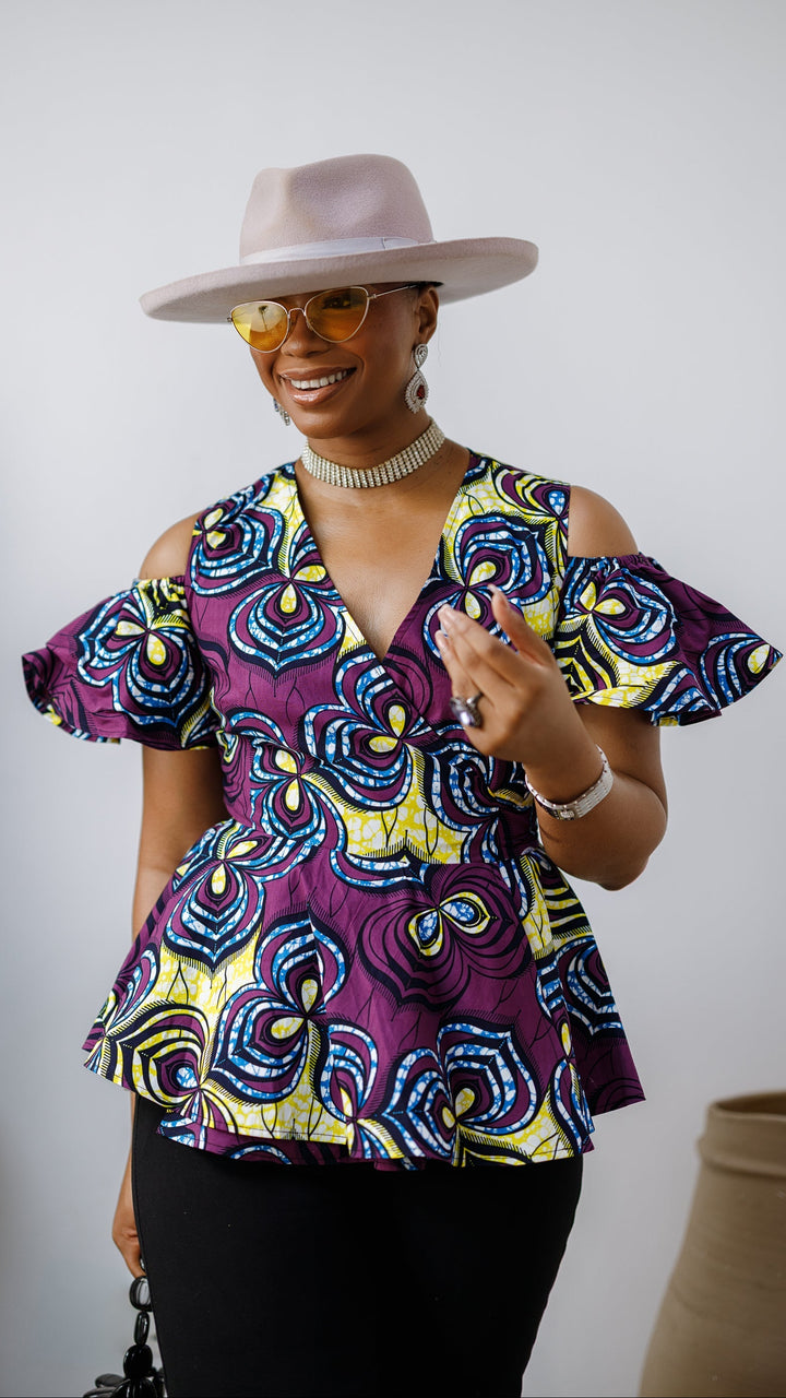 JEMIMA AFRICAN PRINT COLD SHOULDER WRAP TOP [PURPLE]