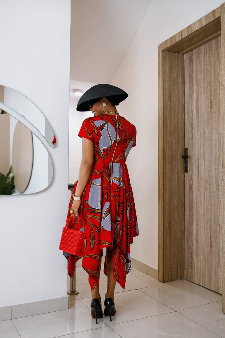 KARIMAH AFRICAN PRINT HANDKERCHIEF HEM DRESS [RED] - Especially Yours