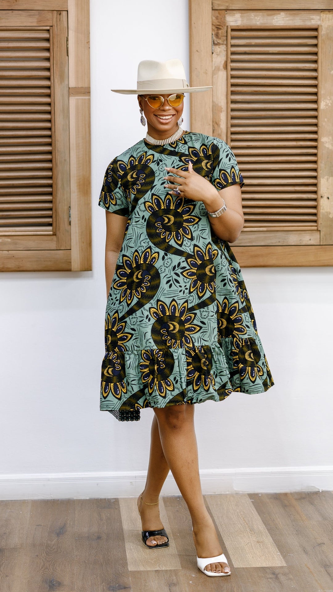 BIMI AFRICAN PRINT TIERED MIDI DRESS