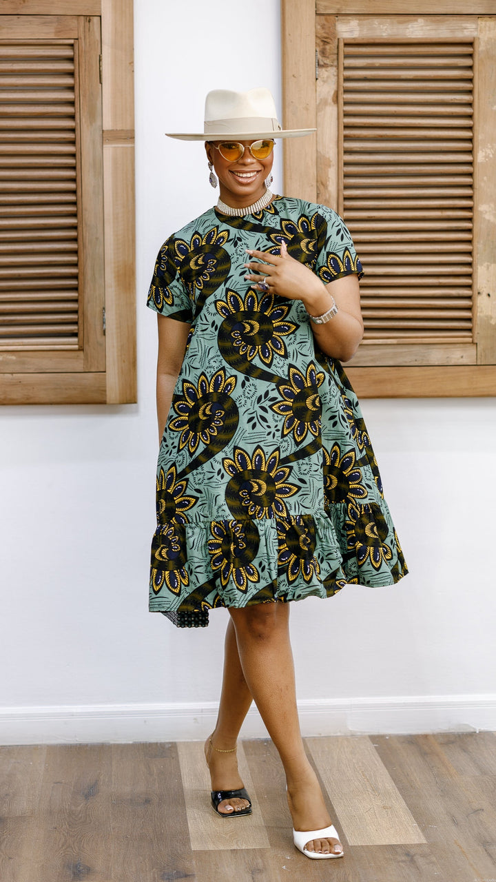 BIMI AFRICAN PRINT TIERED MIDI DRESS