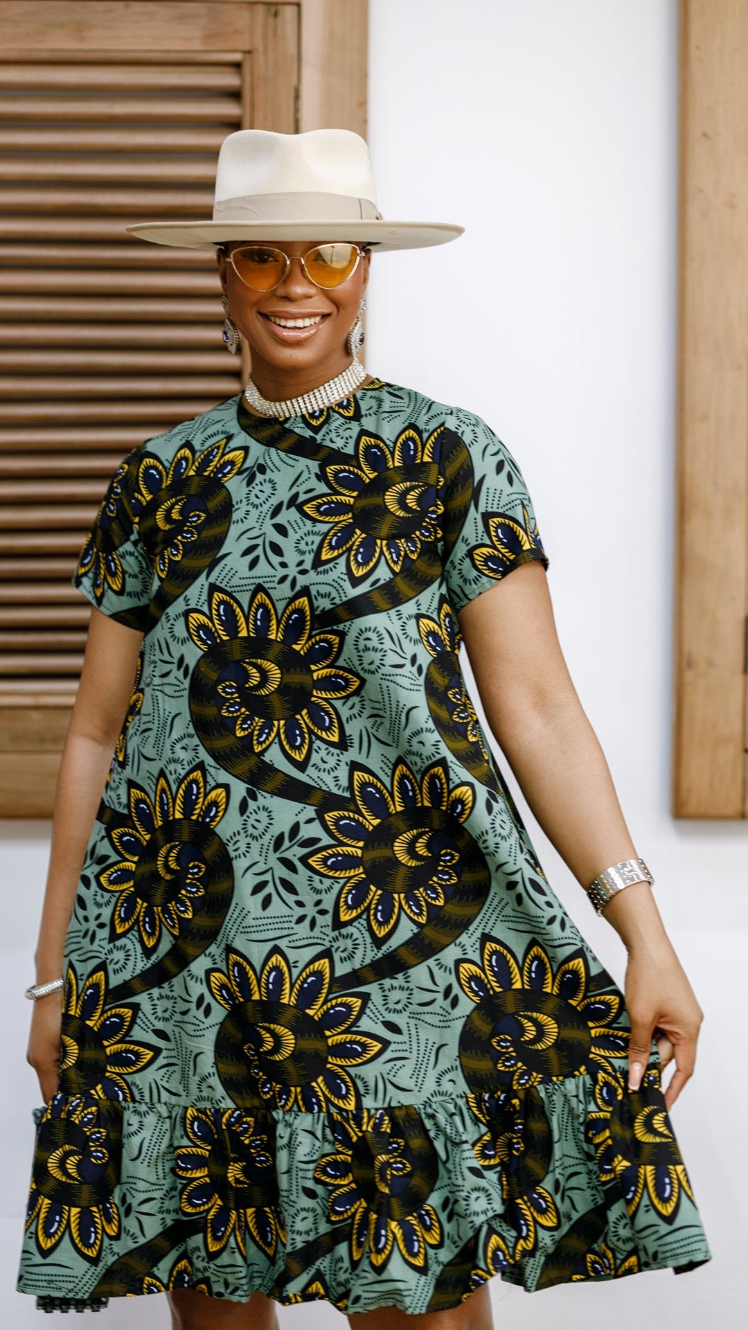 BIMI AFRICAN PRINT TIERED MIDI DRESS