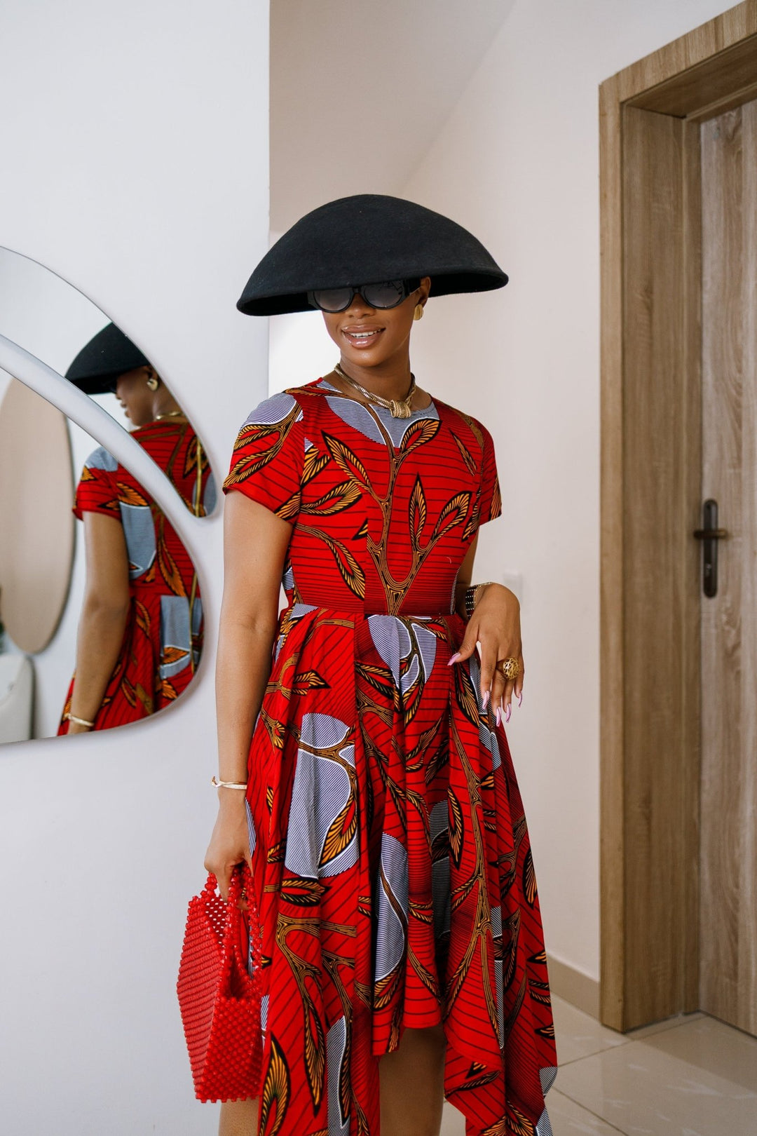 KARIMAH AFRICAN PRINT HANDKERCHIEF HEM DRESS [RED] - Especially Yours