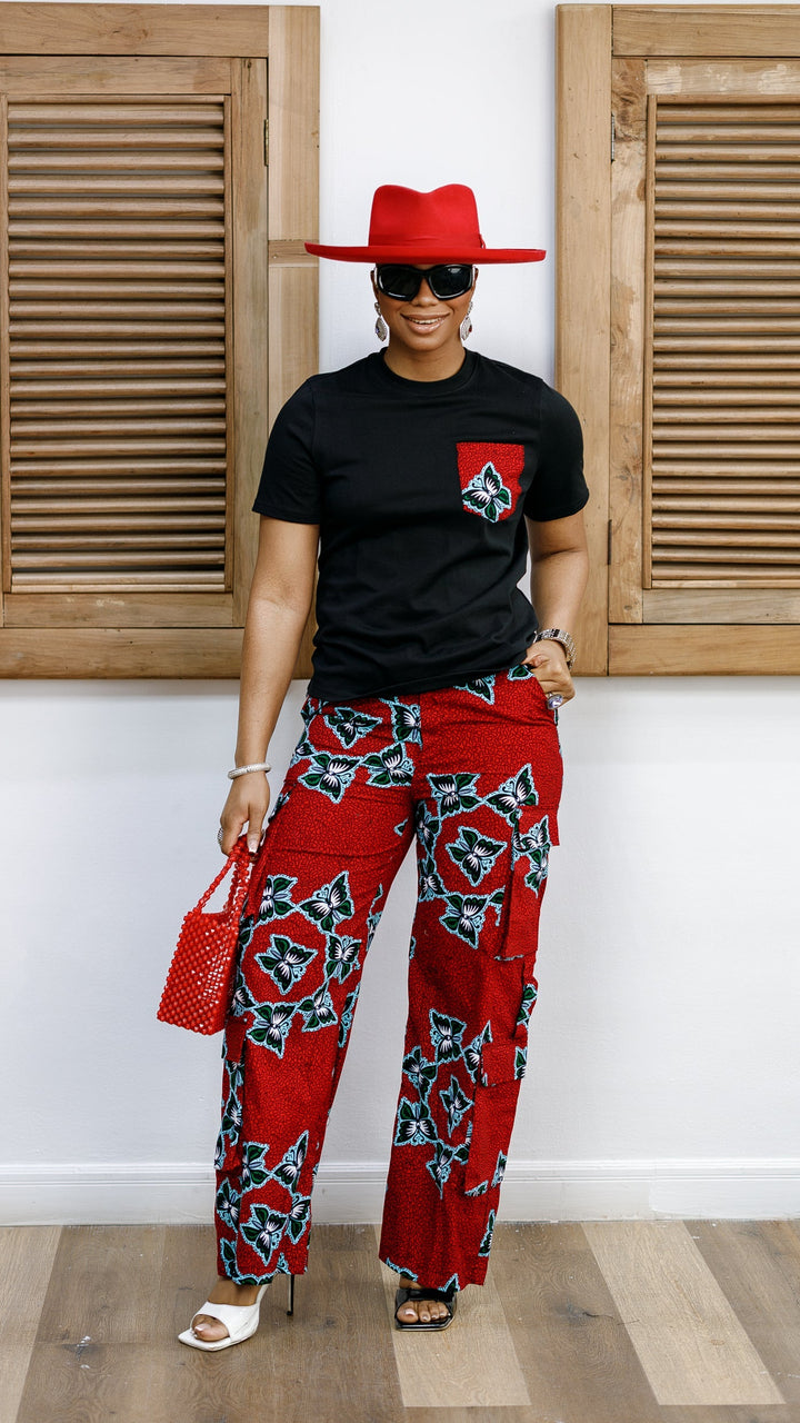 NKEM AFRICAN PRINT CARGO PANTS AND T-SHIRT SET [RED]