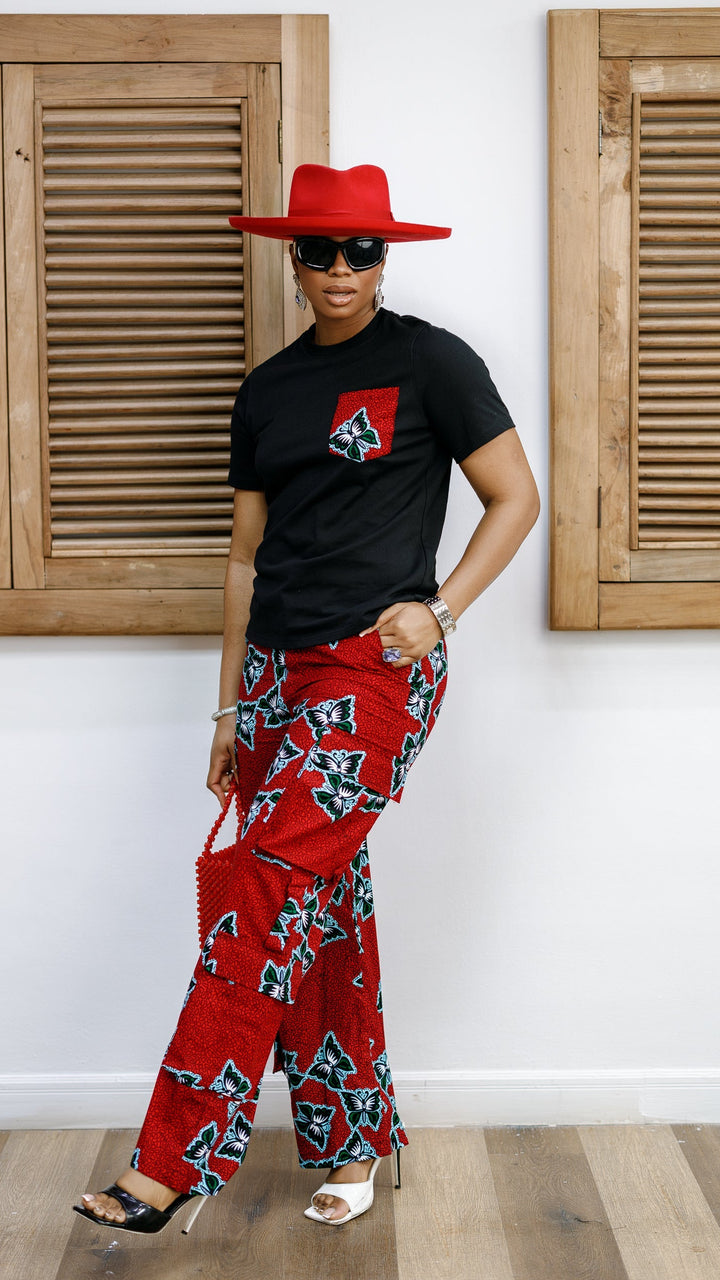 NKEM AFRICAN PRINT CARGO PANTS AND T-SHIRT SET [RED]