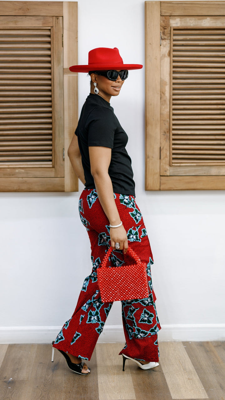 NKEM AFRICAN PRINT CARGO PANTS AND T-SHIRT SET [RED]