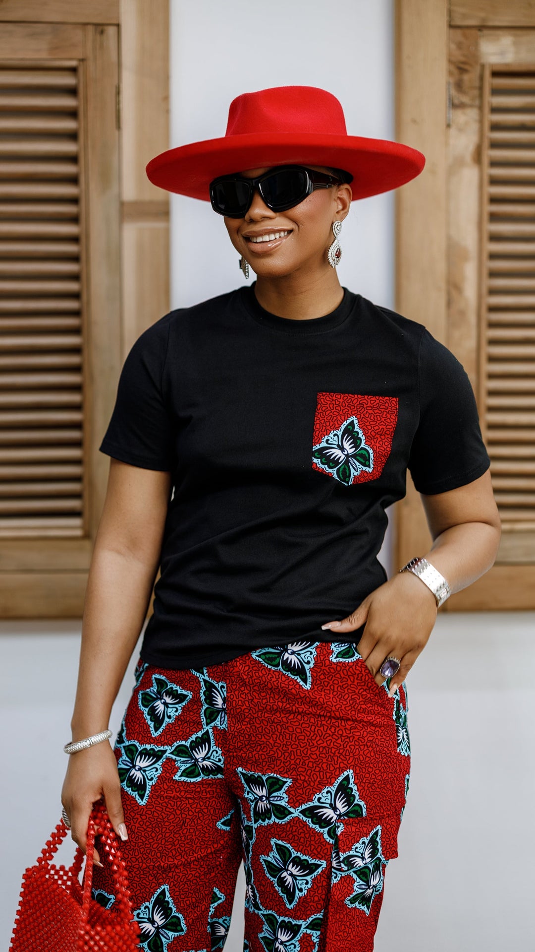 NKEM AFRICAN PRINT CARGO PANTS AND T-SHIRT SET [RED]