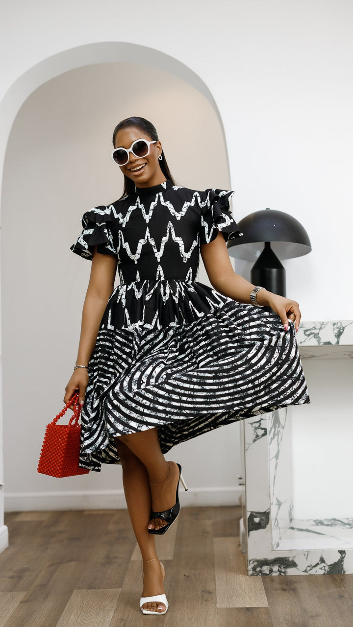 VALERIE AFRICAN PRINT HIGH NECK MIDI DRESS [BLACK]