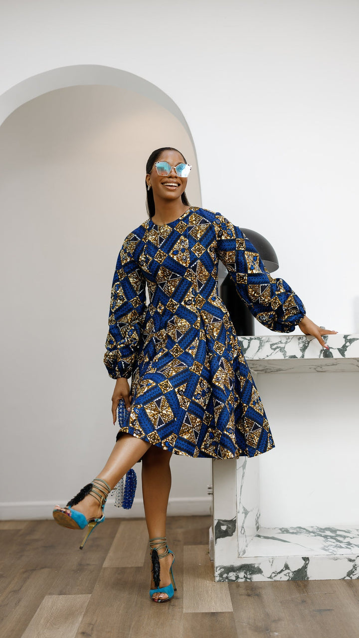 TITI AFRICAN PRINT PUFF SLEEVE DRESS [BLUE]