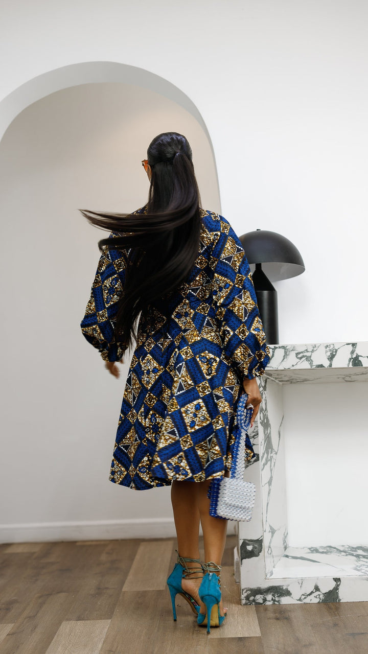TITI AFRICAN PRINT PUFF SLEEVE DRESS [BLUE]